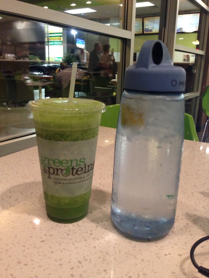 Wellness Drink: Green grapes, green apple, pineapple, orange, lime, wheat grass, kale, spinach, collard greens, ginger, flax seed, agave (286 cal)