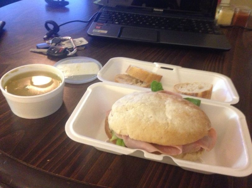 Sandwich whose name escapes me and split pea and bacon soup